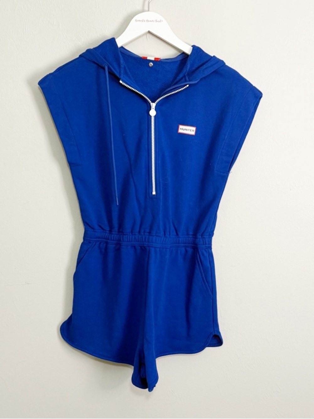 New HUNTER X TARGET Women’s Bright Blue Hooded Romper Logo Zip Up Size XS